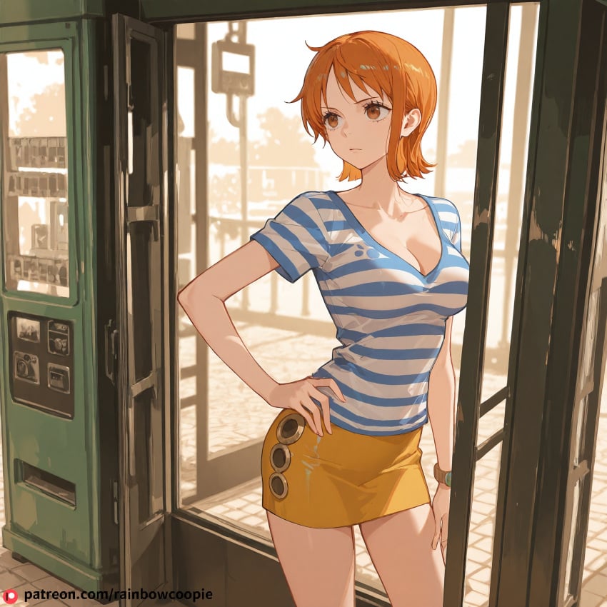 ai_generated arm_on_hip beautfiul_background bored breasts brown_eyes cleavage clothing collarbone female female_only medium_breasts miniskirt mist-covered_ground nami_(one_piece) one_piece orange_hair phone_booth rainbowcoopie short_hair short_sleeves striped_shirt stunning_backgroud warm_breeze white_shirt yellow_skirt