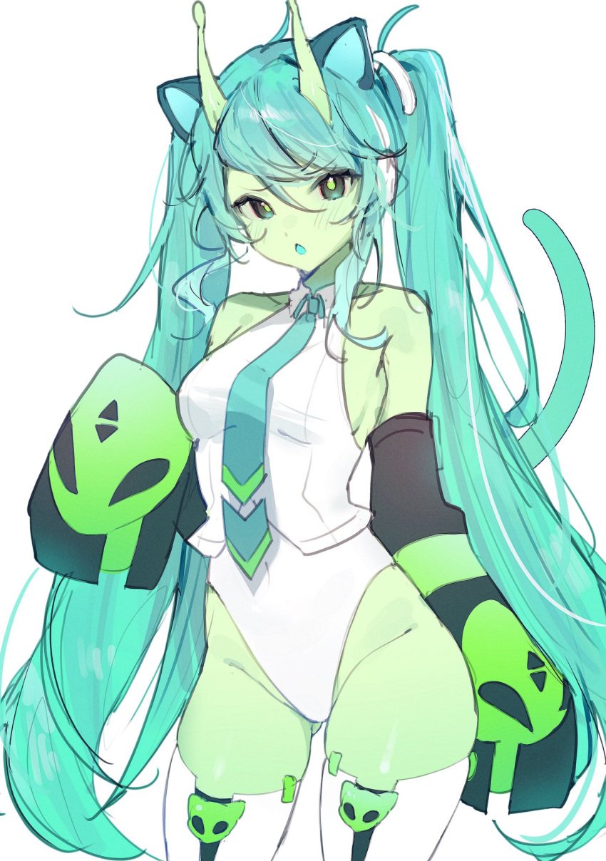 1girls alien alien_girl ass ass_visible_through_thighs breasts female female_focus female_only glorpi_miku_(dyarikku) green_skin hatsune_miku looking_at_viewer miyuchiq solo thighhighs thighs twintails vocaloid