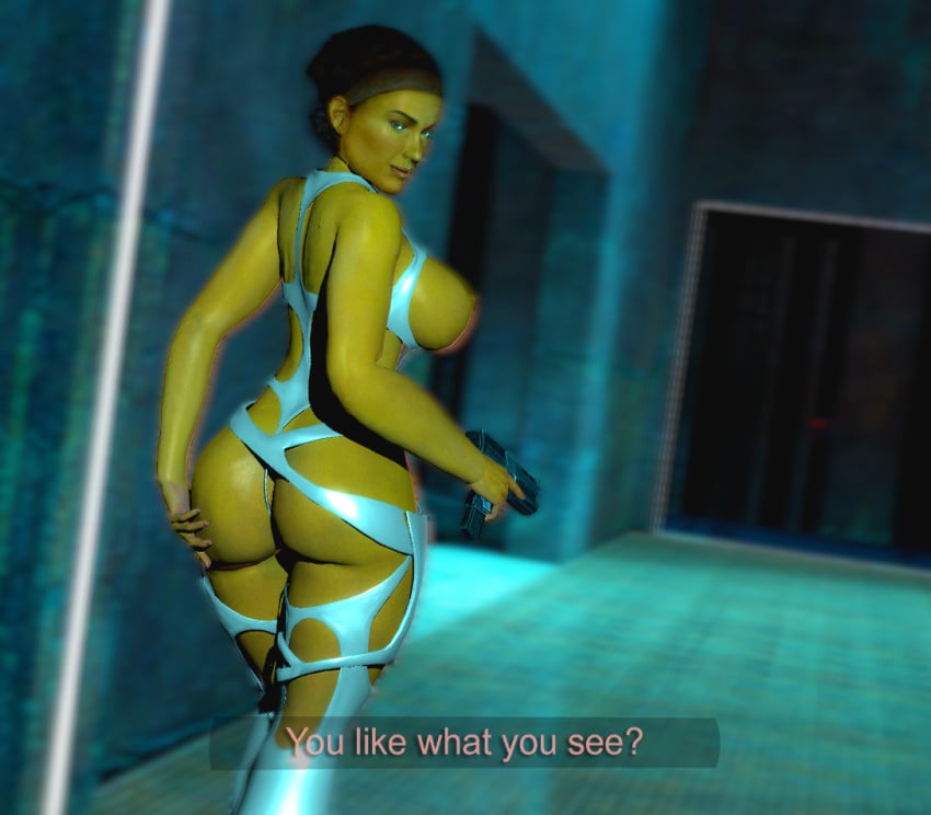 1girls 3d alyx_vance artist_request ass back_view big_ass dialogue dialogue_box english_text exposed_breasts female female_only gun half-life half-life_(series) half-life_2 hand_on_butt looking_at_viewer looking_back looking_back_at_viewer pistol seductive solo talking talking_to_viewer text thick_ass thick_thighs