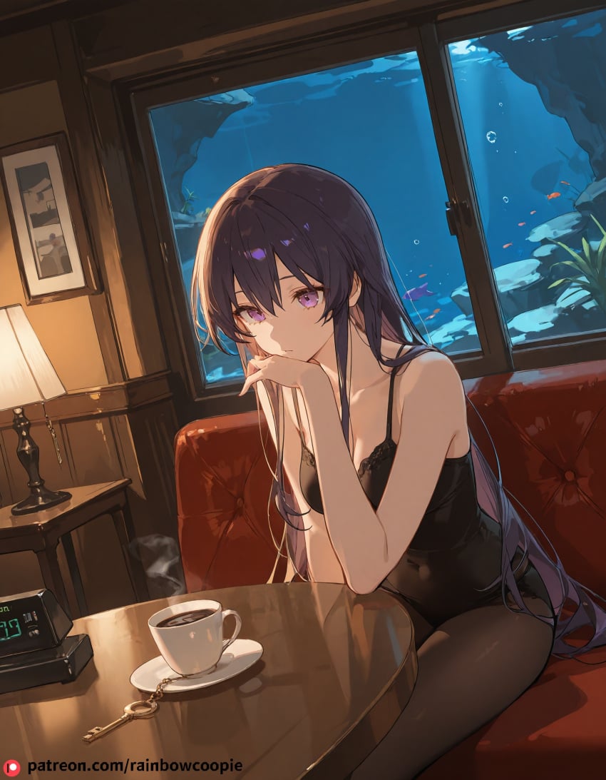 ai_generated aquarium beautfiul_background cellphone coffee dim_candlelight key medium_breasts sitting sleepy stunning_backgroud yatogami_tooka