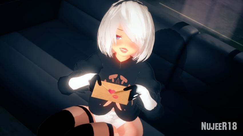 1girls 3d breasts chibi dress female female_focus holding_object koikatsu koikatsu_(medium) light-skinned_female light_skin lolita_fashion looking_at_viewer nier nier:_automata nier_(series) nujeer18 sexy_clothing short_hair smile smiley_face smiling smiling_at_viewer tagme thighs valentine's_day white_hair wide_hips yorha_2b