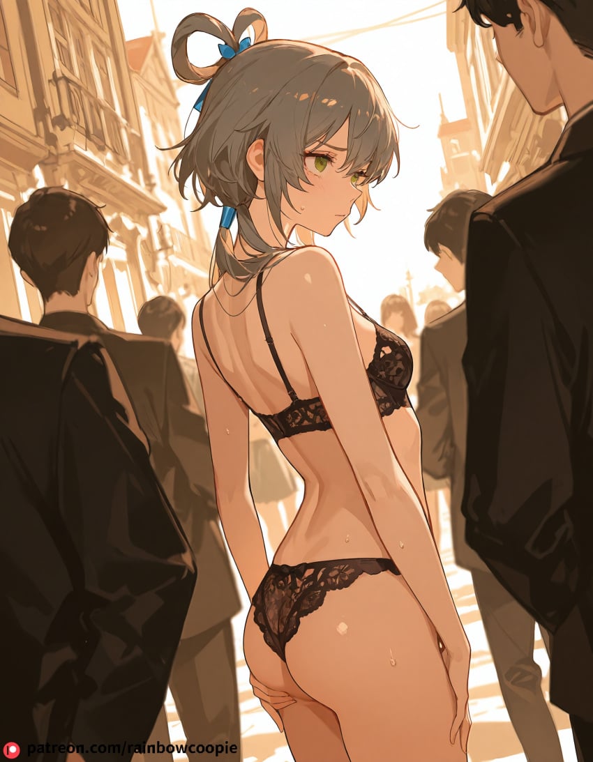 ai_generated beautfiul_background butt_grab crowded_streets drenched_in_rain furrowed_brow hair_messy lace_lingerie luo_tianyi small_breasts stunning_backgroud sweat