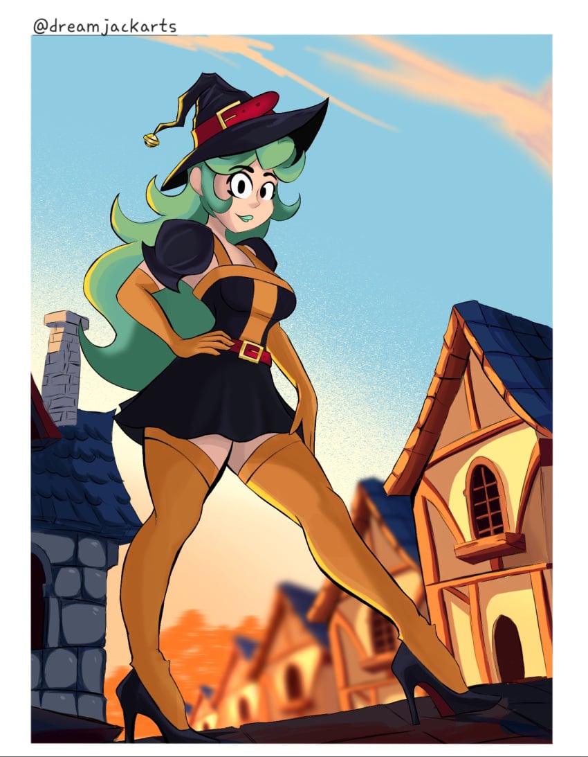 1girls artist_name artist_request cartoon ceiling character_request clothes drawing dream_jack girl green_hair heels house magic magical_girl no_nude oc original original_character pistach_wich pose socks sunset witch witch_hat