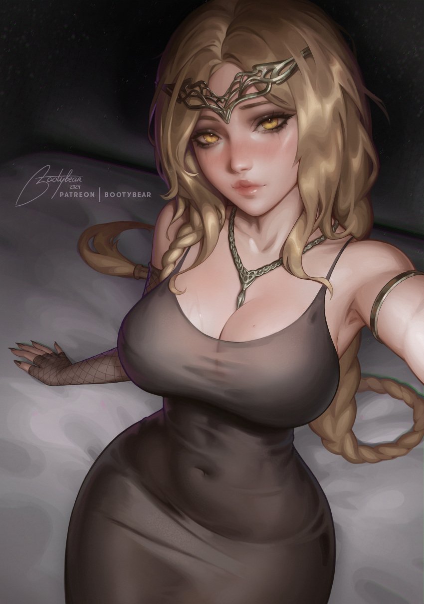 1girls 2d 2d_(artwork) 2d_artwork armpits belly_button big_breasts blonde_hair blush blush blush_lines blushing_at_viewer blushing_female bootybear breasts cleavage curvy curvy_body curvy_female curvy_figure curvy_hips elden_ring female female_focus female_only fromsoftware golden_eyes hi_res jewelry looking_at_viewer milf navel patreon_username queen_marika_the_eternal selfie sexy_armpits shadow_of_the_erdtree skindentation slim_waist solo solo_female thick_thighs watermark