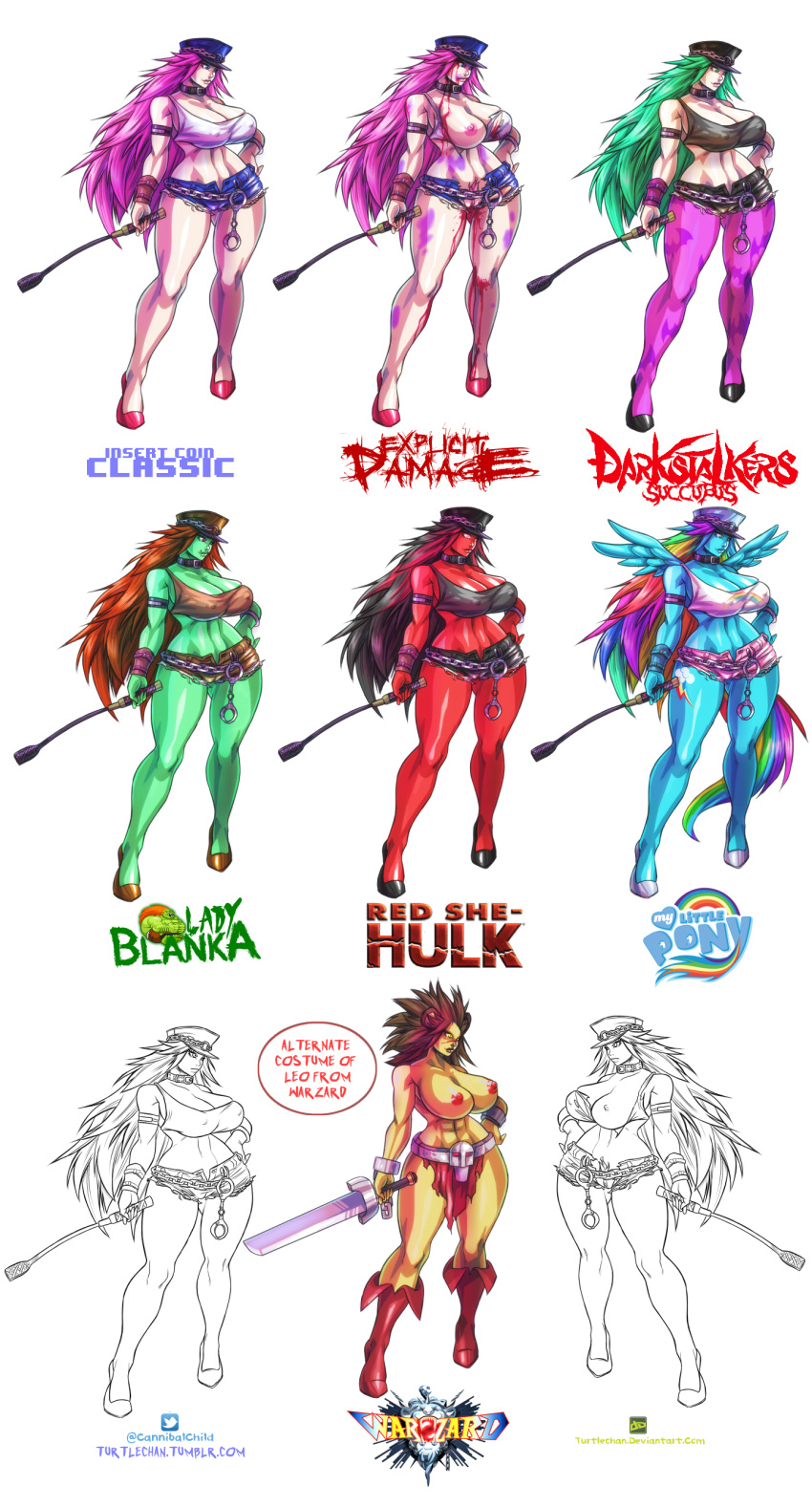 big_breasts black_hair blanka blue_skin breasts brown_hair cap chains clothing cuffs darkstalkers female female_only final_fight friendship_is_magic full-length_portrait full_length green_hair green_skin hulk_(series) large_breasts long_hair marvel morrigan_aensland multicolored_hair multiple_persona my_little_pony pink_hair poison_(final_fight) portrait rainbow_dash_(mlp) rainbow_hair red_she-hulk red_skin shorts smooth_skin solo standing street_fighter sword tank_top torn_clothes turtlechan warzard weapon whip wings