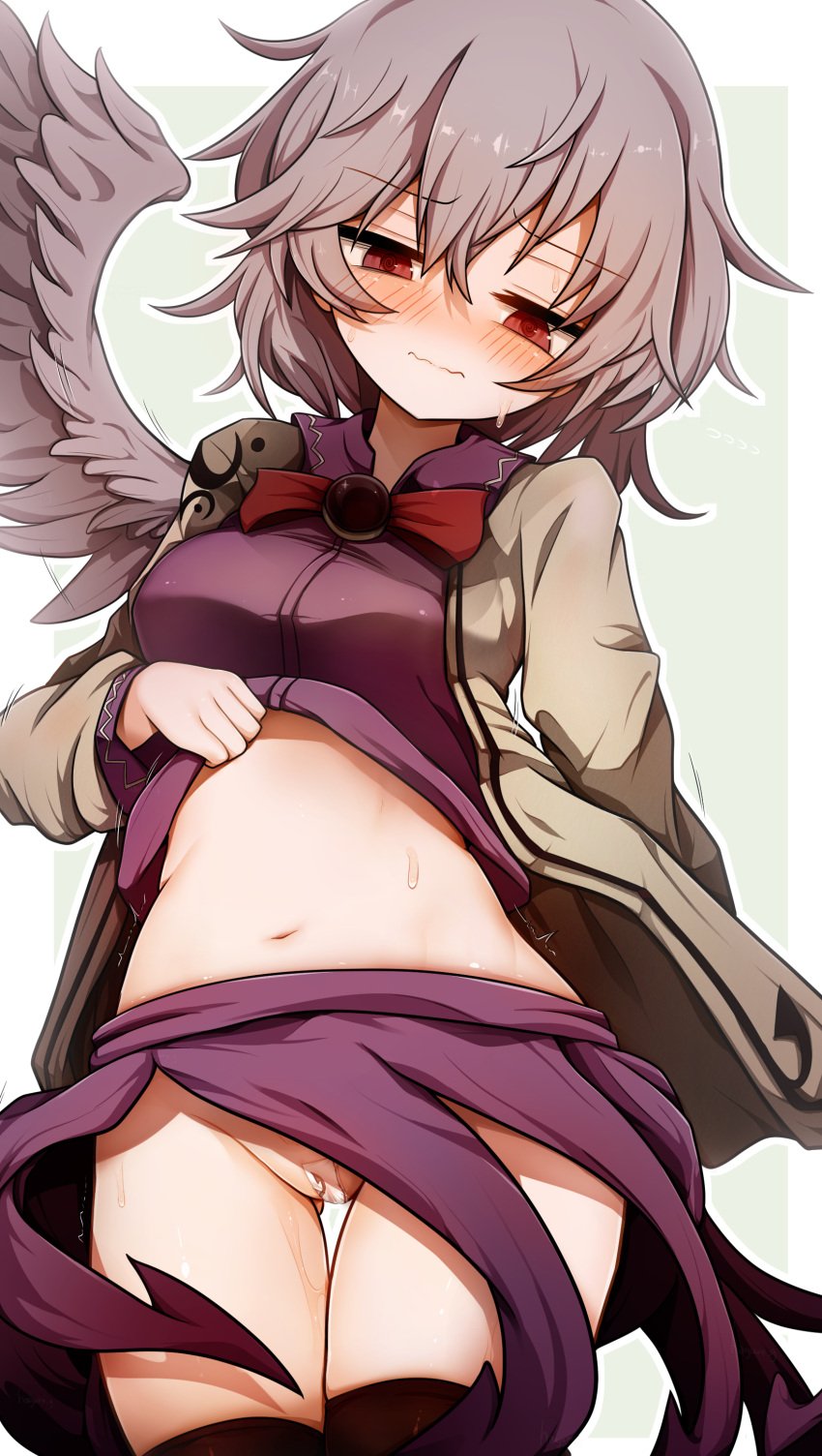 @_@ absurdres black_thighhighs blush bow bowtie clothes_lift cowboy_shot female green_background grey_hair grey_jacket hagure_kedama highres jacket juliet_sleeves kishin_sagume lifting_own_clothes long_sleeves looking_down navel open_clothes open_jacket paid_reward_available puffy_sleeves purple_shirt purple_skirt red_bow red_bowtie red_eyes shirt shirt_lift short_hair single_wing skirt solo stomach sweat tape tape_maebari thighhighs touhou trembling wavy_mouth wings