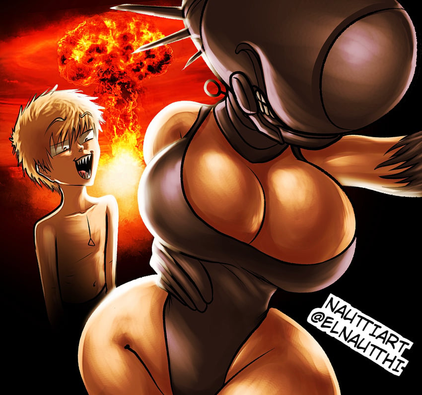 anime big_ass big_breasts chainsaw_man curvy denji_(chainsaw_man) explosion gloves nauttiart partially_clothed partially_clothed_female partially_nude reze_(chainsaw_man) surprised_expression