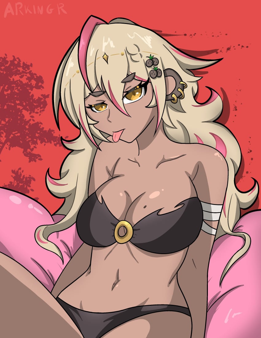 arkingr blonde_hair dark-skinned_female dark_skin earrings hairpin indie_virtual_youtuber kokonuts long_hair looking_at_viewer monkey_girl underwear virtual_youtuber yellow_eyes