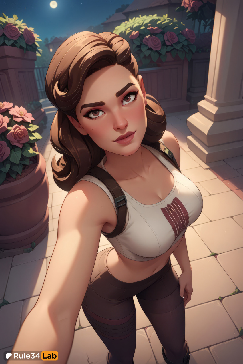 1girls ai_generated artist_name breasts brown_eyes brown_hair captain_carter cleavage collarbone crop_top flower full_moon hi_res large_breasts lips long_hair looking_at_viewer marvel marvel_comics medium_breasts midriff moon navel night outdoors pants patreon_logo patreon_username peggy_carter rose rule34lab selfie sky solo what_if...?