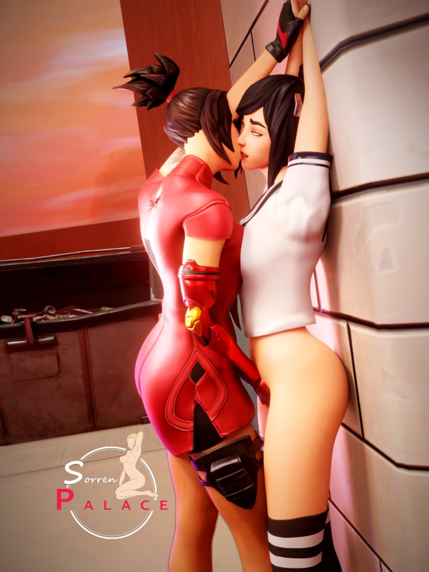 asian asian_female black_hair clothed demi_(fortnite) dress female_focus fingering fingering_partner fortnite fortnite:_battle_royale gloves kissing lesbian_kiss light-skinned_female light_skin looking_at_partner looking_pleasured masturbating_other masturbation partially_clothed partially_clothed_female pinned pinned_to_wall pleasure_face ponytail pressing_breasts_together prosthetic prosthetic_arm red_dress robotic_arm school_uniform sorrenpalace stockings trash_can tsuki_(fortnite) yuri yuri