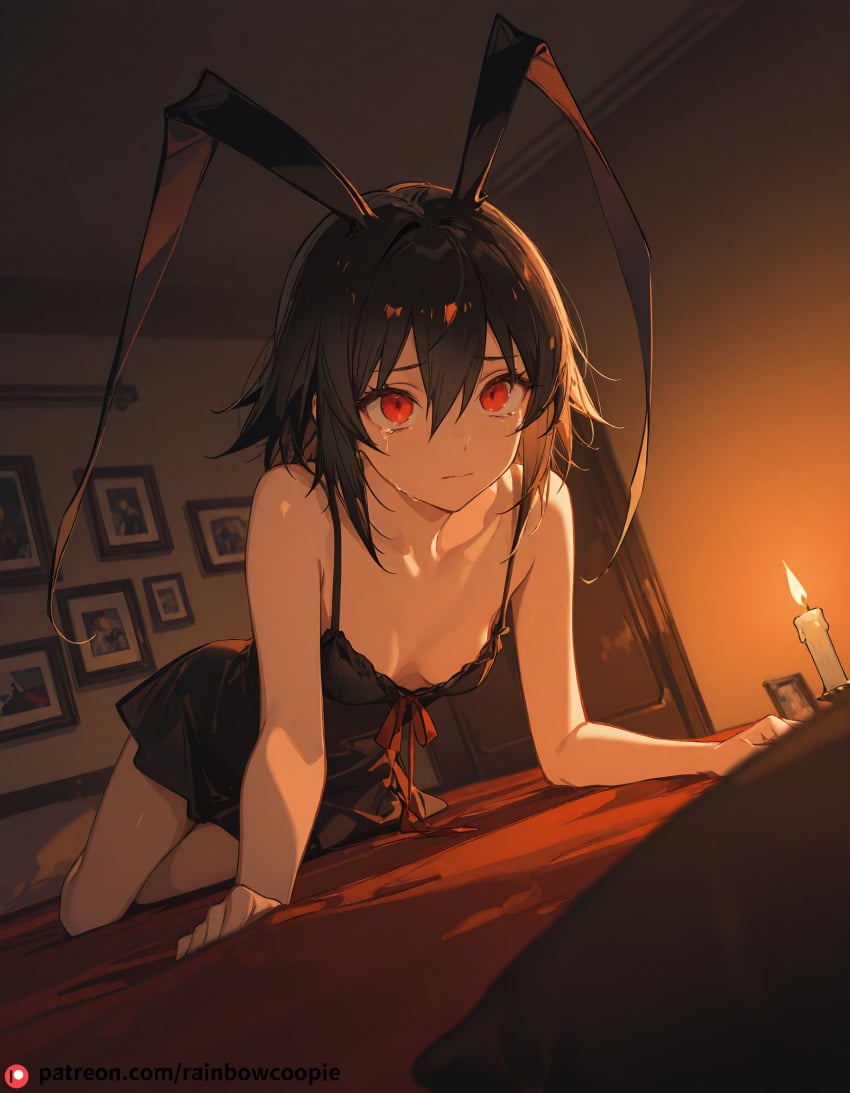 ai_generated beautfiul_background dim_candlelight disgaea disgaea_d2 laharl laharl-chan nippon_ichi_software otaku_room reaching small_breasts streaming_tears stunning_backgroud