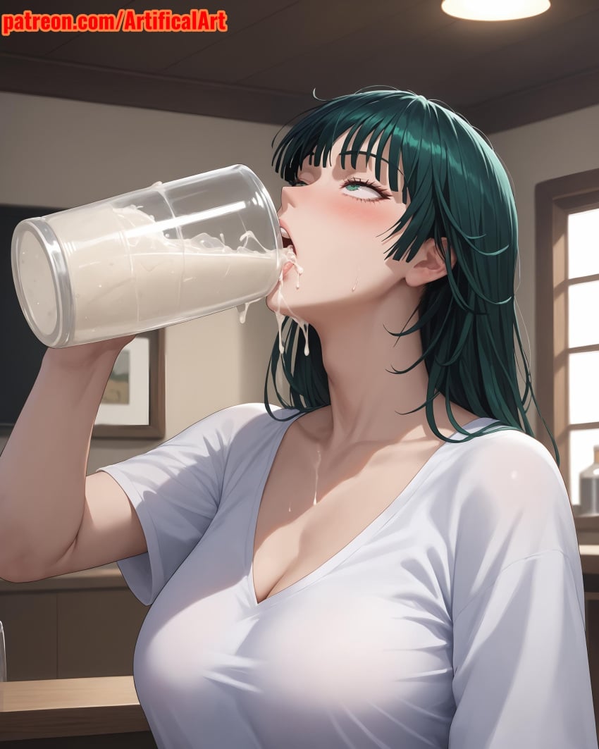 1girls ai_generated artifical_art big_breasts blush cum cum_in_mouth curvaceous_female cute_face dark_green_hair drinking_cum dripping_cum dripping_semen fubuki_(one-punch_man) green_eyes green_hair light-skinned_female mature_female medium_hair one-punch_man open_mouth perfect_body short_hair voluptuous_female