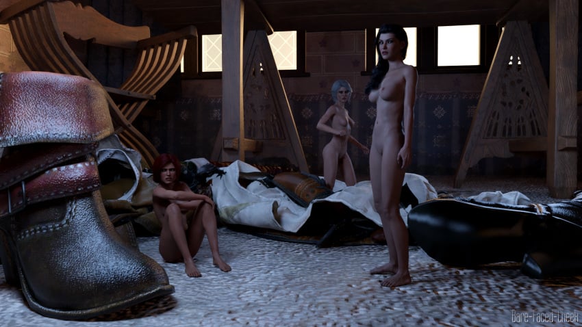 3d 3girls bare-faced-cheek black_hair breasts cd_projekt_red ciri completely_nude female light-skinned_female looking_at_viewer mascara nipples nude pussy red_hair scar shrinking tattoo the_witcher_(series) the_witcher_3:_wild_hunt triss_merigold white_hair yennefer