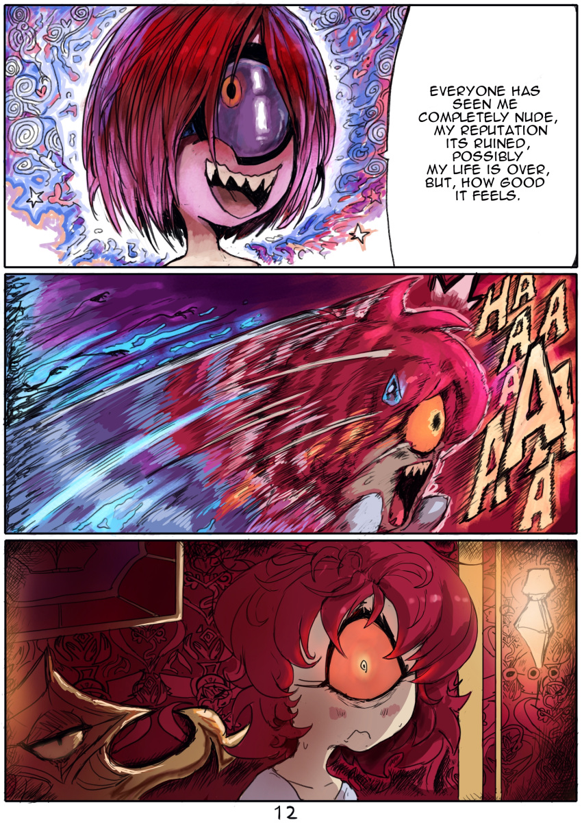 comic_page cyclops dream female hazbin_hotel high_resolution niffty nightmare p0stalk red_hair sharp_teeth waking_up