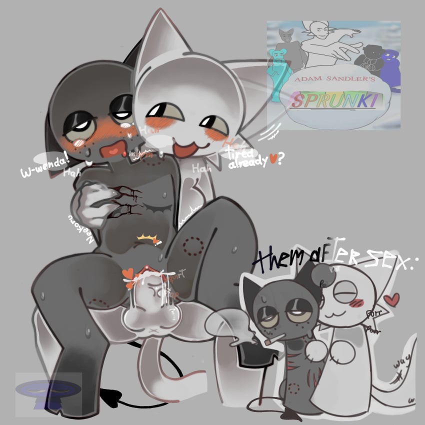 anthro catgirl cum_in_pussy cuntboy futa_on_male futanari gray_(sprunki) gray_body intersex spread_legs sprunki wenda_(sprunki) white_body white_fur