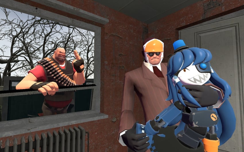 1girls 2boys angry angry_face arm_grab choking flipping_off from_behind from_behind_position garry's_mod grabbing_arm grabbing_neck heavy_(team_fortress_2) heavy_weapons_guy meme middle_finger mimi_sentry neck_grab pleasure_face sex spy_(team_fortress_2) straight team_fortress_2 valve what_the_fuck wtf