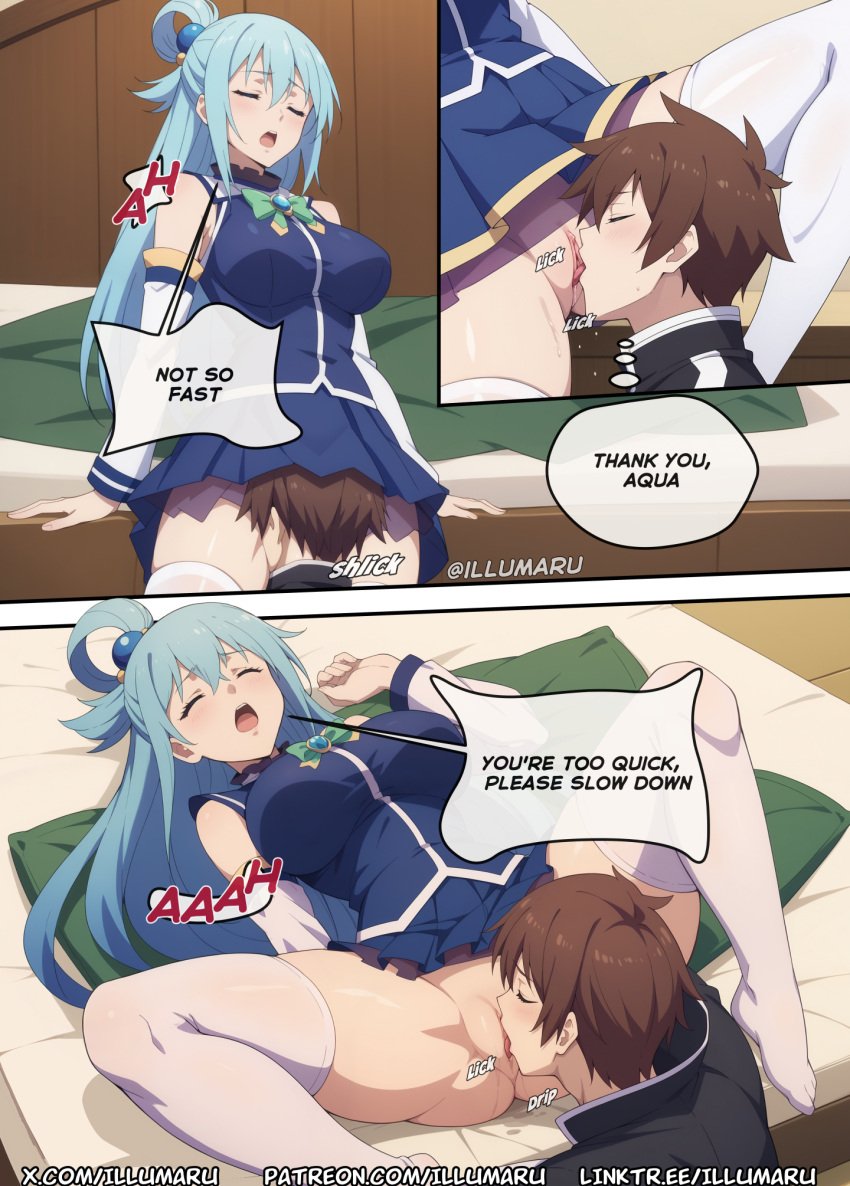 1boy 1boy1girl 1girls 2024 ai_generated aqua_(konosuba) big_breasts clitoris comic cover_page cunnilingus detailed devouring_pussy doujinshi dress english_text hi_res illumaru kono_subarashii_sekai_ni_shukufuku_wo! large_breasts licking licking_pussy manga pussy s satou_kazuma spread_legs stable_diffusion stockings text thick_thighs webcomic wet_body wide_hips