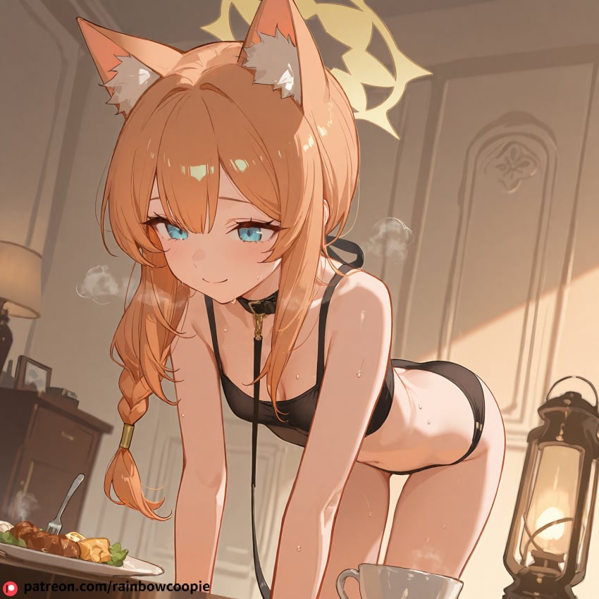 ai_generated all_fours animal_ears bent_over blonde_hair blue_archive blue_eyes blush breasts collar crop_top food fork halo leash mari_(blue_archive) navel panties small_breasts smile smiling steaming_body sweat