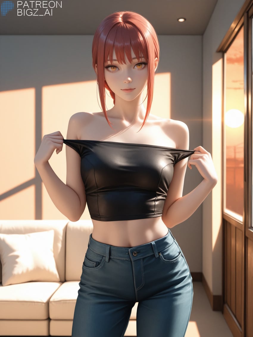 1girls ai_generated artist_name big_ass big_breasts big_butt bigz_ai braided_hair chainsaw_man cleavage couch eyes female female_focus golden_eyes hi_res highres indoors jeans large_breasts light-skinned_female living_room makima_(chainsaw_man) medium_breasts no_bra patreon_username red_hair smile solo solo_female strapless thighs topwear undressing yellow_eyes