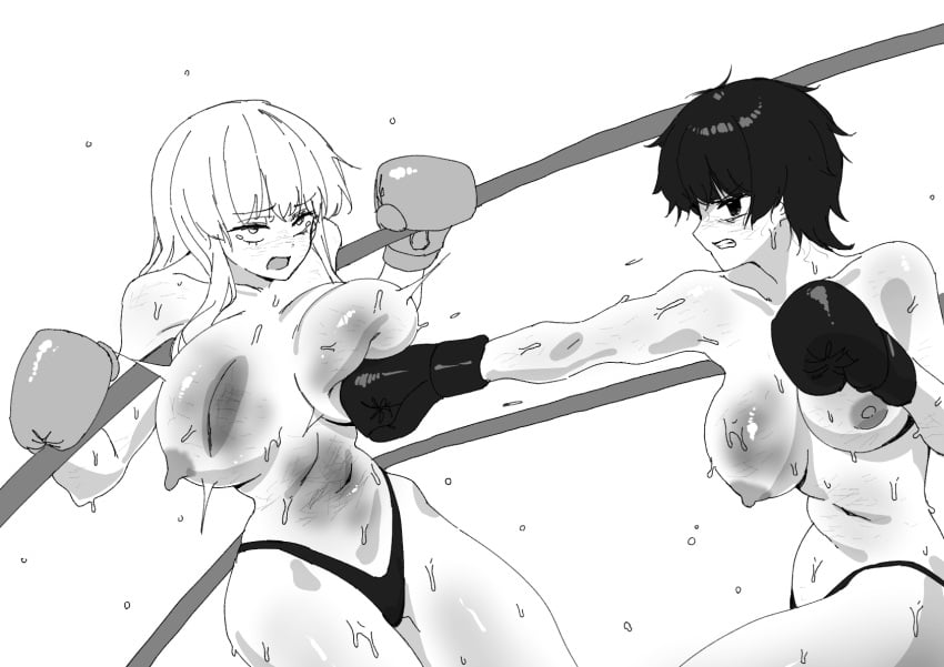 artist_request big_breasts boxing boxing_gloves breasts bruise catfight fight fighting_ring heat huge_breasts original original_characters punching simple_background sweat sweatdrop sweating sweaty sweaty_body topless white_background yuri