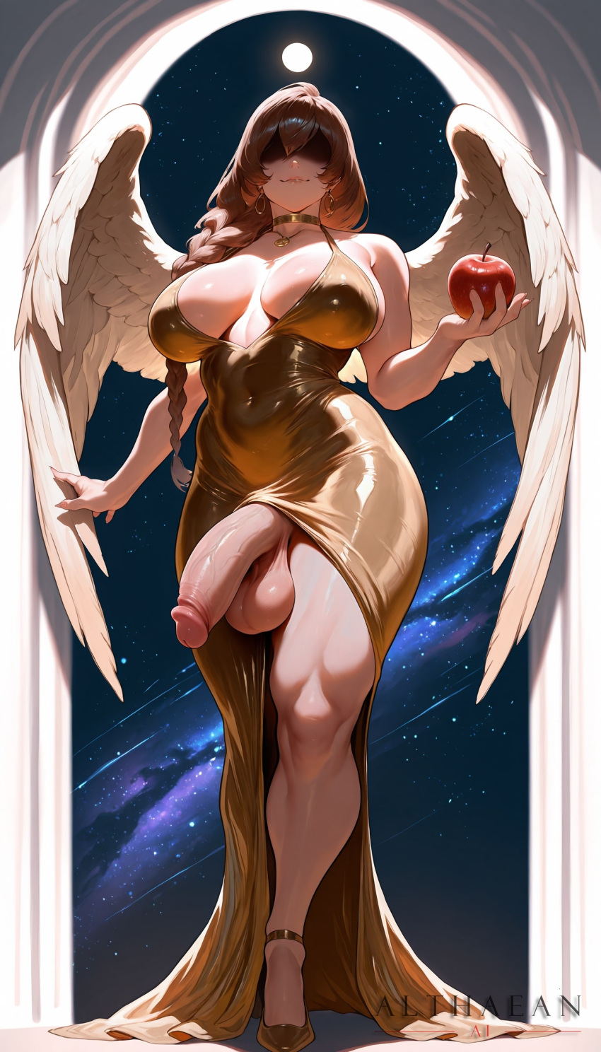 1futa absurdres ai_generated althaean angel_wings apple archway black_robe breasts brown_hair choker confident earrings feathered_wings from_front_position futanari galaxy goddess gold_dress gold_heels hair_over_shoulder halterneck high_heels holding_apple holding_object hoop_earrings huge_cock large_balls large_penis large_testicles low-angle_view moon muscular_legs original_character pendant perky_breasts pinup posing scenery shaded_eyes shaded_face sharp_fingernails single_braid smile smiling smiling_at_viewer space stable_diffusion stars thaeia_(althaean) thick_thighs tight_clothing toned_female toned_futa universe veiny_penis voluptuous voluptuous_female voluptuous_futanari warm_colors warm_lighting wide_hips