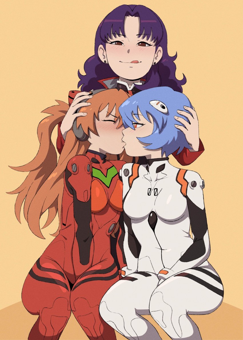 anime asuka_langley_sohryu blue_hair breasts clothing forced forced_yuri hand_on_head kissing lesbian_kiss misato_katsuragi multiple_females multiple_girls neon_genesis_evangelion neopn_genesis_evangelion orange_hair pinksaber purple_hair pushing_head rei_ayanami small_breasts threesome tsundere yuri