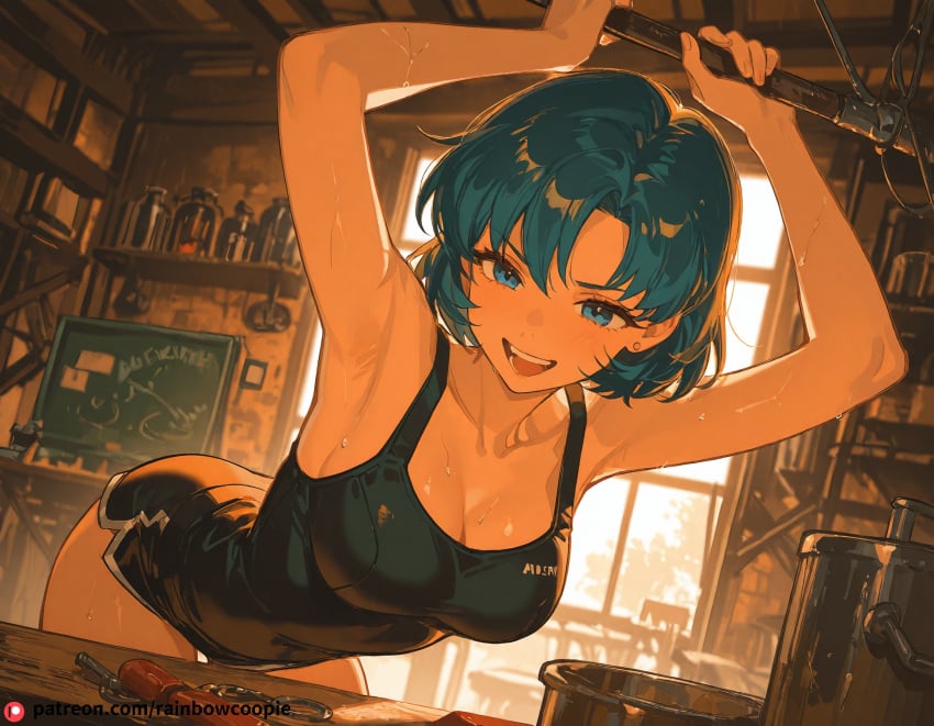 ai_generated ami_mizuno armpits arms_up bending_forward bishoujo_senshi_sailor_moon blue_eyes blue_hair blush breasts laughing medium_breasts open_mouth smile smiling sweat workshop