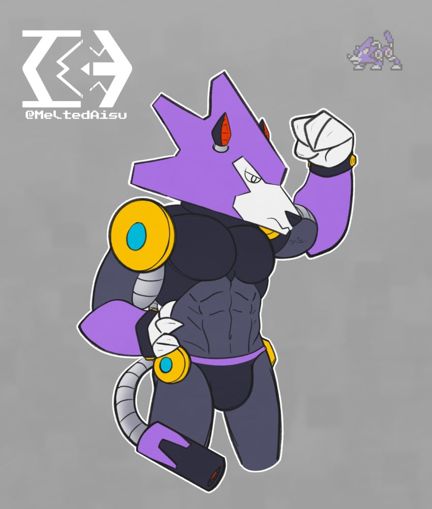 anthro black_fur bulge canid canine canis capcom furry furry_only male male_only mega_man meltedaisu muscular muscular_male purple_fur treble_(mega_man) wolf