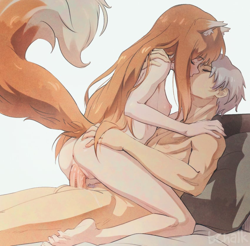 1boy animal_ear_fluff animal_ears anus ass breasts brown_hair butterchalk closed_eyes completely_nude couple cowgirl_position cowgirl_position craft_lawrence female grey_background grey_hair highres holo kissing long_hair nipples nude sex short_hair simple_background small_breasts spice_and_wolf straddling tail uncensored wolf_ears wolf_girl wolf_tail