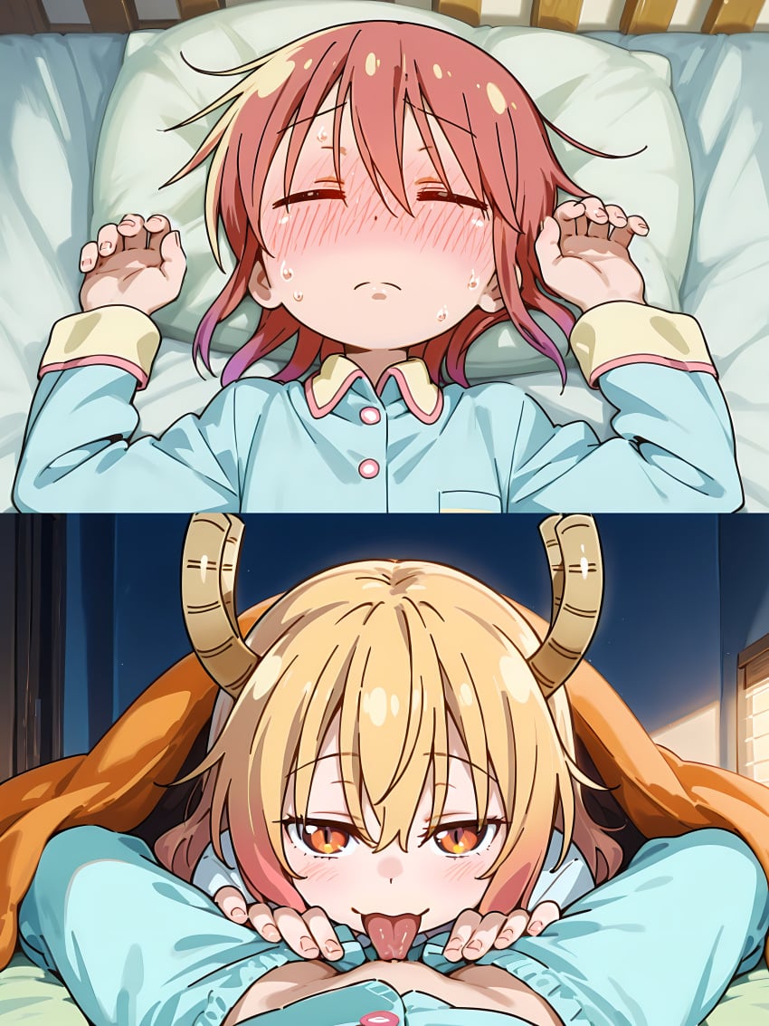 ai_generated blush defenseless horns kobayashi kobayashi-san_chi_no_maidragon licking_pussy moody_hat pajamas sleeping sweating tohru_(dragon_maid) tongue