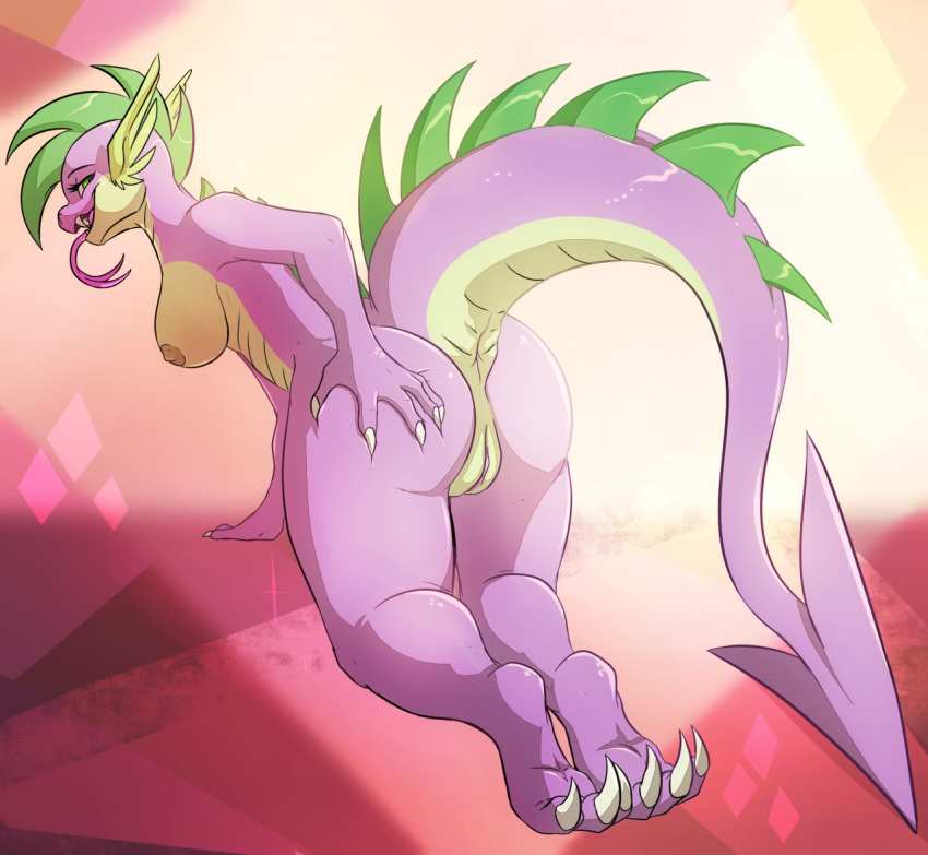 2015 anthro anus barb_(mlp) blitzdrachin breasts dragon fangs female friendship_is_magic green_eyes my_little_pony nipples nude pussy rule_63 smooth_skin solo spike_(mlp) tongue tongue_out