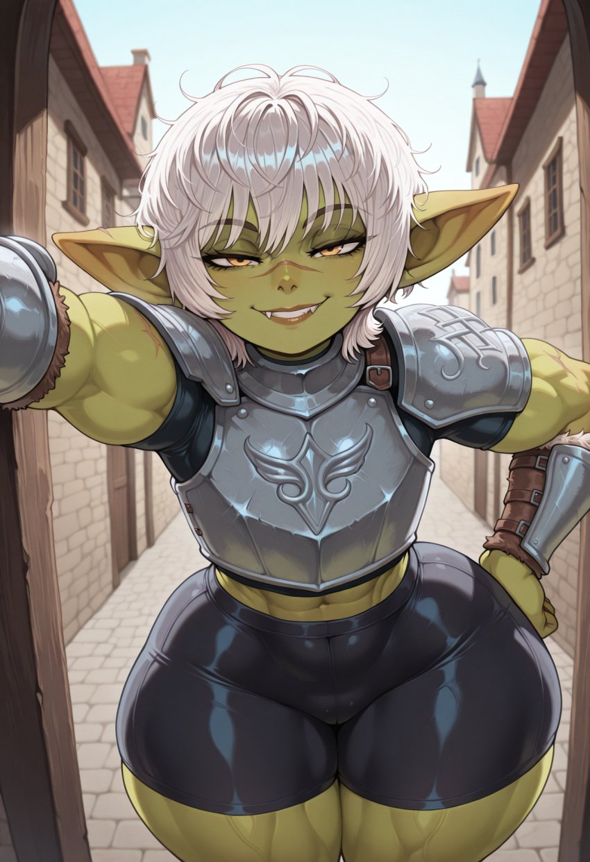 1girls ai_generated curvy curvy_female eye_contact female female_focus freckles freckles_on_face goblin goblin_female goblin_girl green-skinned_female green_skin looking_at_viewer oc original original_character partially_visible_vulva pointy_ears seductive seductive_look seductive_pose smile smiling smiling_at_viewer solo thick_thighs