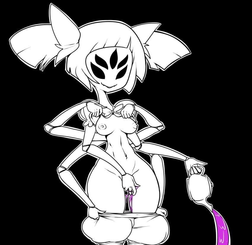 6_arms breasts female monochrome muffet multi_arm multi_eye multi_limb pussy reiduran solo thick_thighs tied_hair twintails undertale undertale_(series) undressing wide_hips