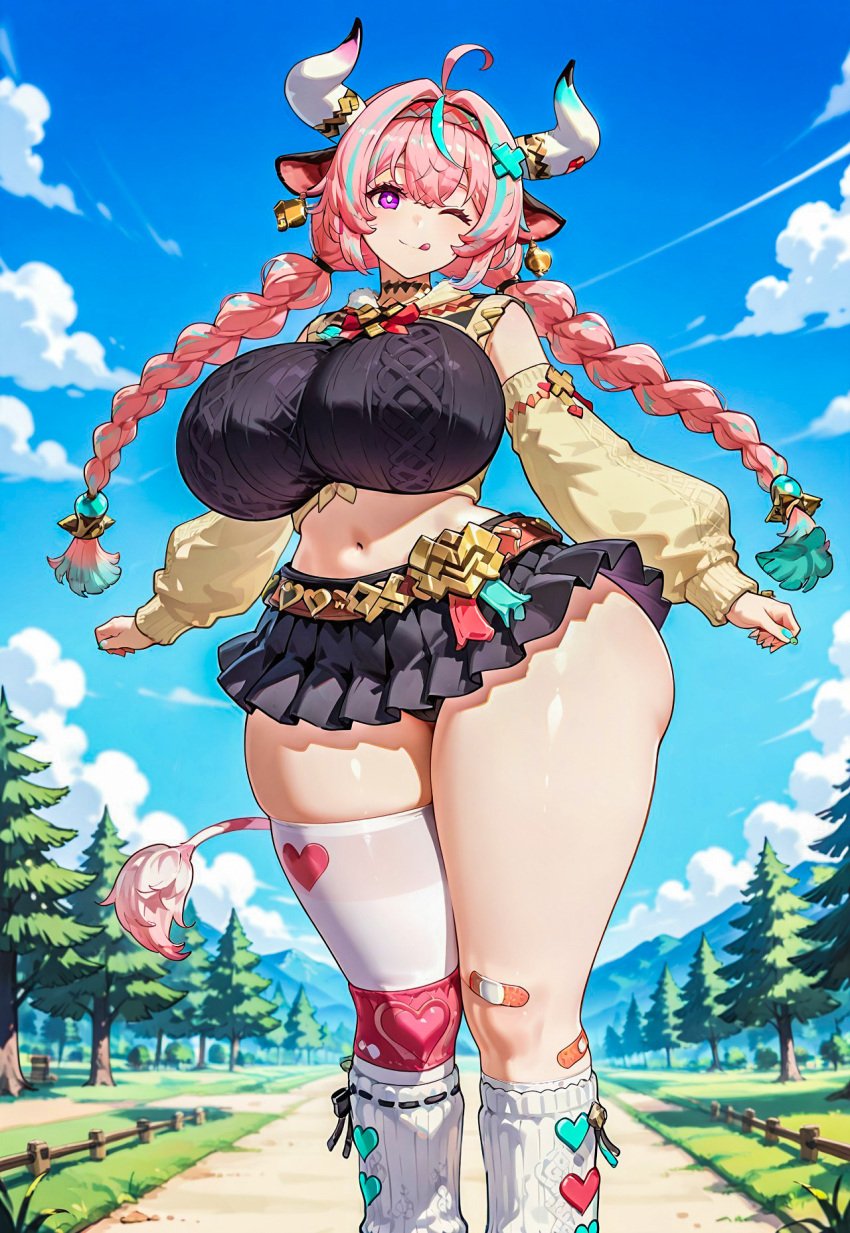 ai_generated ass ass_focus ass_grab big_ass big_breasts breast_grab breasts breasts_out cow_girl female female_only genshin_impact happy hoyoverse long_hair messingwithai pink_hair school_uniform solo solo_female thick thick_ass thick_thighs thighhighs thighs uniform varesa_(genshin_impact) white_body white_skin