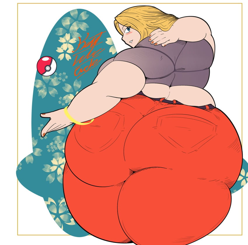 artist_signature back_fat beauty_trainer belt big_breasts big_butt blonde_hair blue_eyes blush bracelet crop_top fat_folds flabby_arms generation_3_pokemon gold_jewelry grey_shirt grin grinning_at_viewer hand_behind_neck hawaiian_flower kreatlikecrete looking_back looking_back_at_viewer obese obese_female obese_human overweight overweight_female overweight_human painted_nails pockets pokeball pokemon pokemon_ruby_sapphire_&_emerald red_pants thick_thighs wide_hips