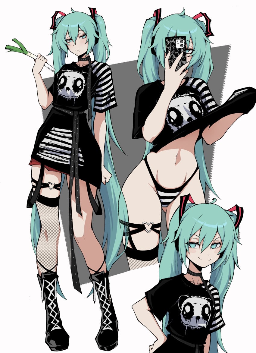 1girls ass ass_visible_through_thighs emo emo_girl female female_focus female_only fishnet_legwear fishnets hatsune_miku hips kekel light-skinned_female light_skin looking_at_viewer midriff solo thighs twintails vocaloid