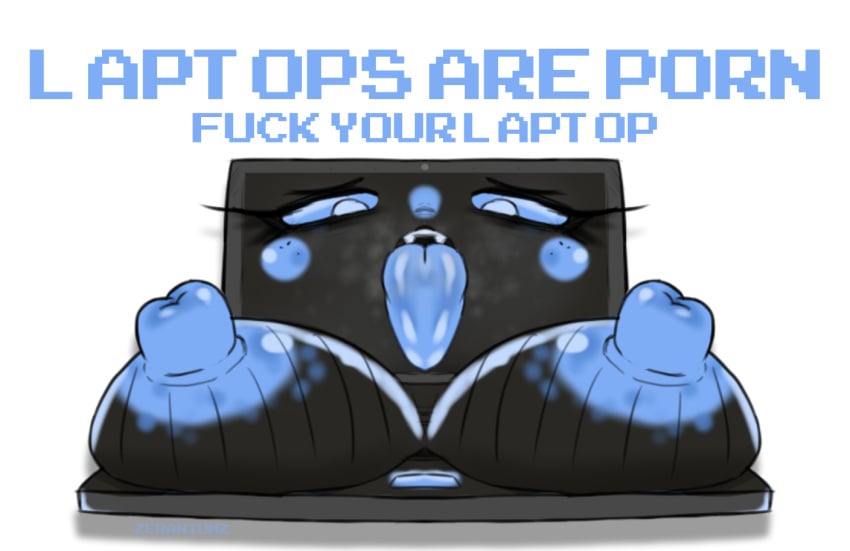 ahe_gao bimbofied breasts_out cringe inanimate laptop laptop_computer object objectum tagme text tongue tongue_out zeraniumz