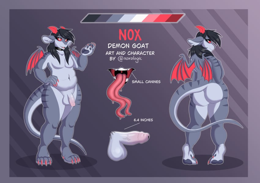 absurd_res alternative_fashion bovid bulge caprine demon english_text femboy feminine feminine_pose goat goth hi_res male mammal model_sheet nox_(noxologic) noxologic slightly_chubby solo text wings