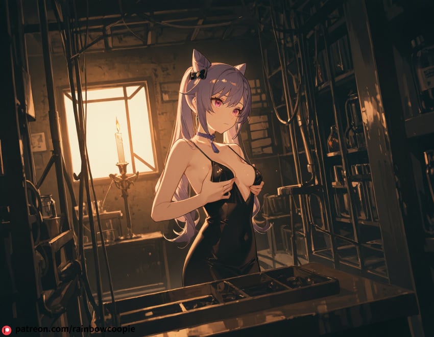 ai_generated beautfiul_background dim_candlelight empty_room flushed_cheeks genshin_impact grabbing_breasts keqing_(genshin_impact) laboratory small_breasts stunning_backgroud