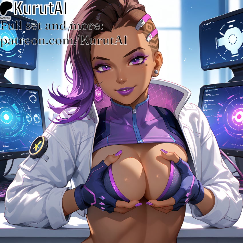 1girls ai_generated artist_name artist_signature breasts cleavage dark-skinned_female dark_skin earrings eyeshadow fingerless_gloves gloves hi_res high_resolution highres jewelry kurutai large_breasts lips lipstick long_hair looking_at_viewer makeup multicolored_hair nail_polish overwatch overwatch_2 patreon purple_eyes purple_hair solo sombra sombra_\(overwatch\) uncensored upper_body video_game