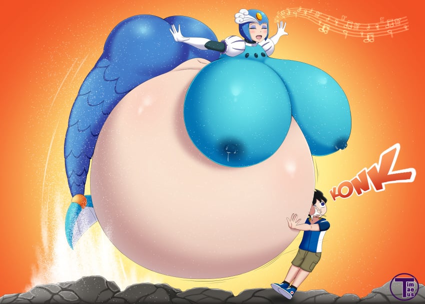 1boy 1girls alternate_breast_size areolae artist_name ass belly belly_bigger_than_body big_ass bloated_belly blush breasts breasts_bigger_than_head breasts_bigger_than_torso capcom closed_eyes eye_shadow female female_focus free_willy gigantic_belly gigantic_breasts helmet huge_ass hyper hyper_belly hyper_breasts hyper_pregnancy lactation mega_man mega_man_(character) mermaid musical_note nipples orange_body pregnant pregnant_female ready_to_pop robot robot_girl robot_master round_belly simple_background splash_woman splashing timaeus water water_splash