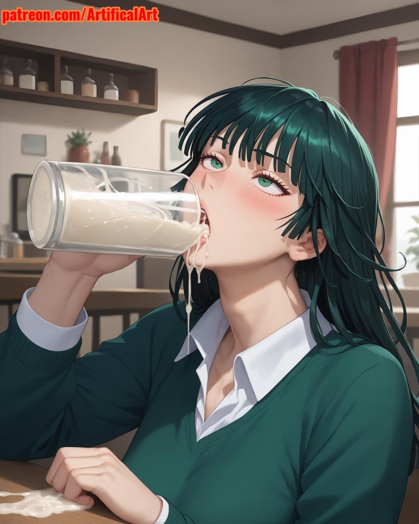 1girls ai_generated artifical_art big_breasts blush cum cum_in_mouth curvaceous_female cute_face dark_green_hair drinking_cum dripping_cum dripping_semen fubuki_(one-punch_man) green_eyes green_hair light-skinned_female mature_female medium_hair one-punch_man open_mouth perfect_body short_hair voluptuous_female