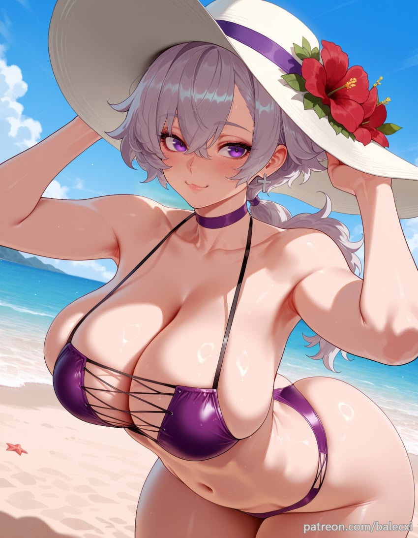 ai_generated armpits ass azur_lane balecxi bare_shoulders beach blue_sky blush choker cleavage closed_mouth collarbone day earrings female flower hat_flower jewelry large_breasts long_hair looking_at_viewer navel outdoors patreon_username purple_bikini purple_eyes reno_(azur_lane) smile solo sun_hat swimsuit thighs