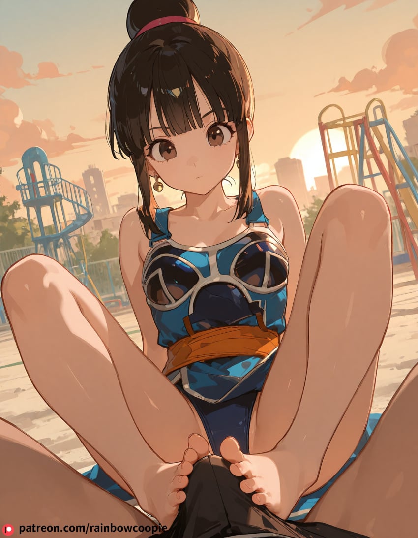 1boy ai_generated beautfiul_background chi-chi_(dragon_ball) expressionless footjob playground pov small_breasts stunning_backgroud sunset_glow warm_breeze