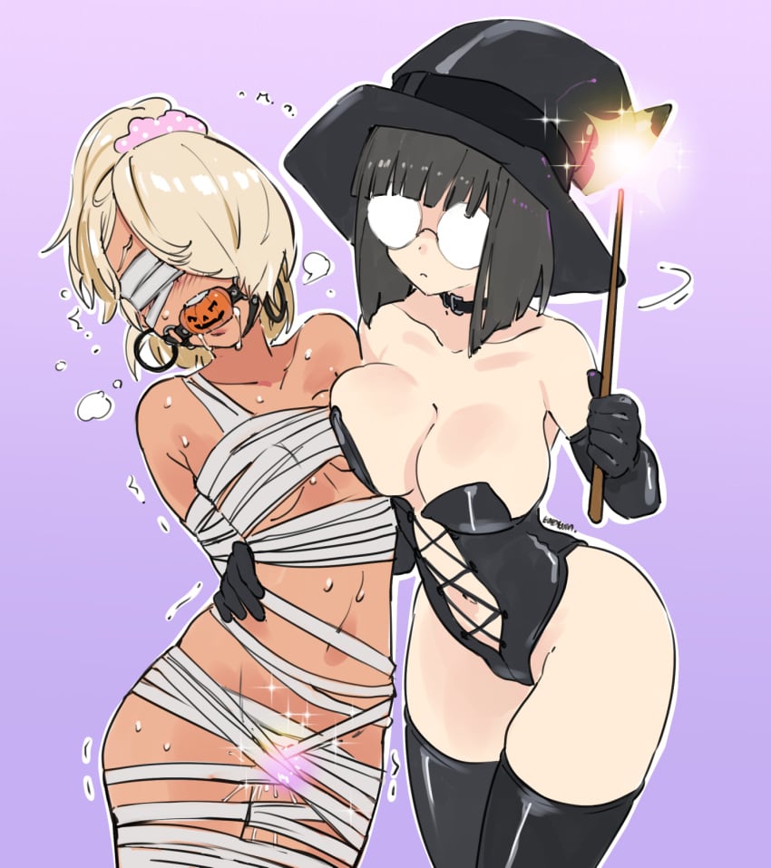 2girls ball_gag bandage big_breasts black_hair blindfold blonde_female blonde_hair bondage breasts choker collar dominant_female drooling duo elbow_gloves eudetenis female female/female femdom femsub gag gagged glasses green_eyes halloween jack-o'-lantern lezdom magic magic_wand momoka_(pretzelfan) multiple_girls original pretzelfan pussy_juice reika_(pretzelfan) scrunchie small_breasts submissive submissive_female sweat thighhighs wand witch witch_hat yuri