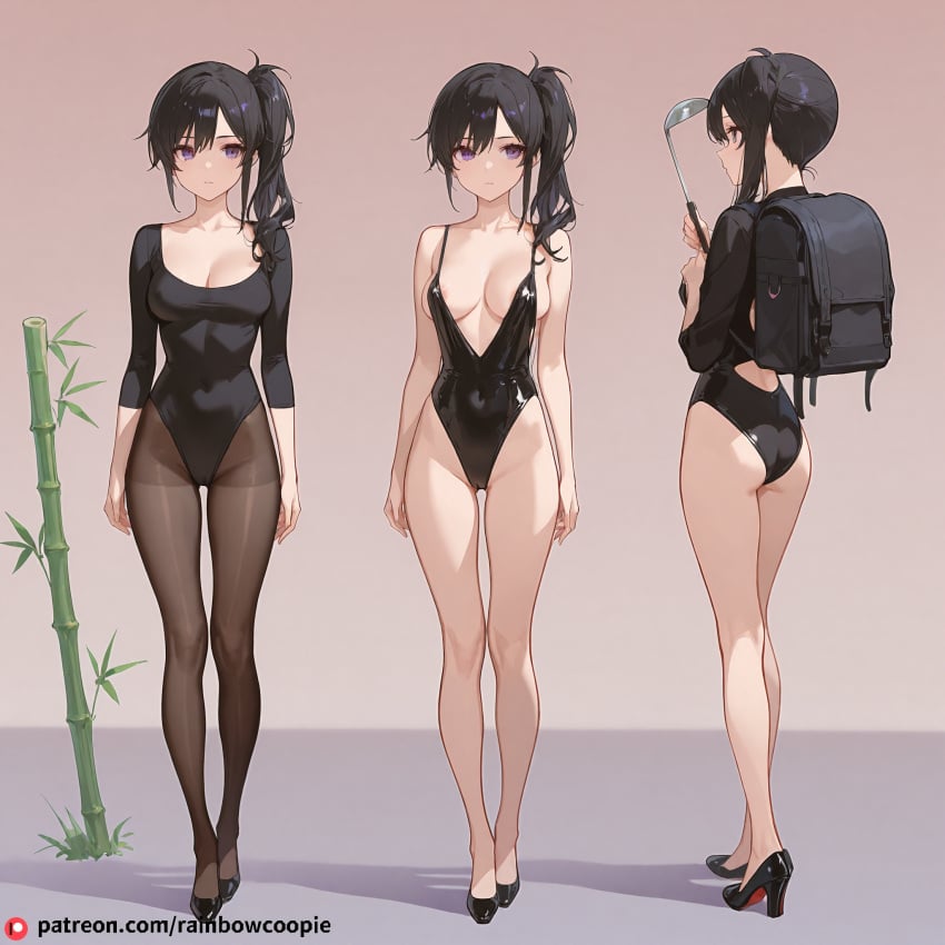 ai_generated areola_slip athletic_leotard backpack bamboo black_eyes black_hair breasts cleavage kunou_kodachi ladle leotard long_hair medium_breasts model_sheet purple_eyes side_ponytail standing