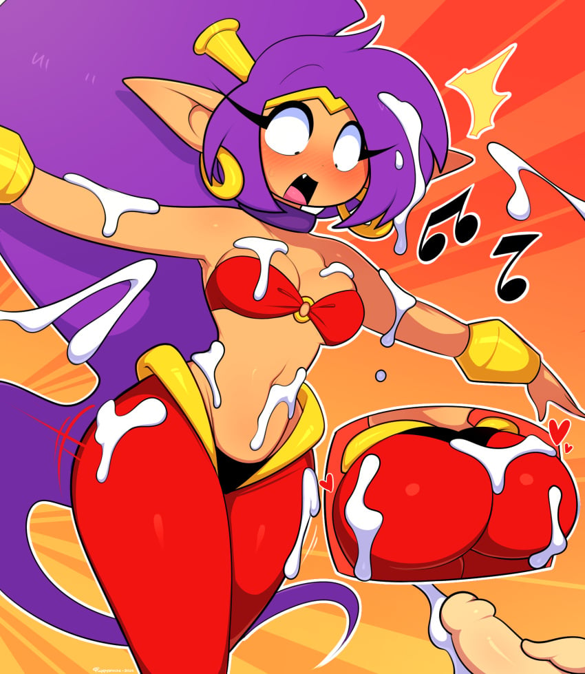 alternate_version_available ass belly bodily_fluids breasts cum cum_on_body dancing ear_piercing ear_ring ejaculation female genital_fluids hair half_genie hi_res male piercing ponytail puppysnackz purple_hair ring_piercing shantae shantae_(character) solo surprised_expression thick_thighs wayforward