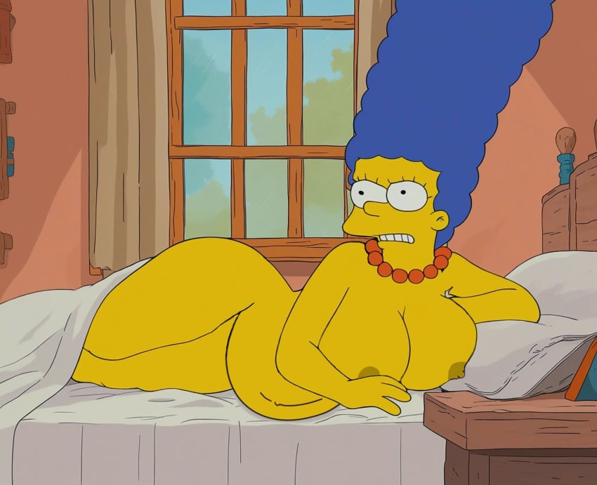 20th_century_studios angry big_breasts edit laying_on_bed marge_simpson nude pregnant the_simpsons yellow-skinned_female