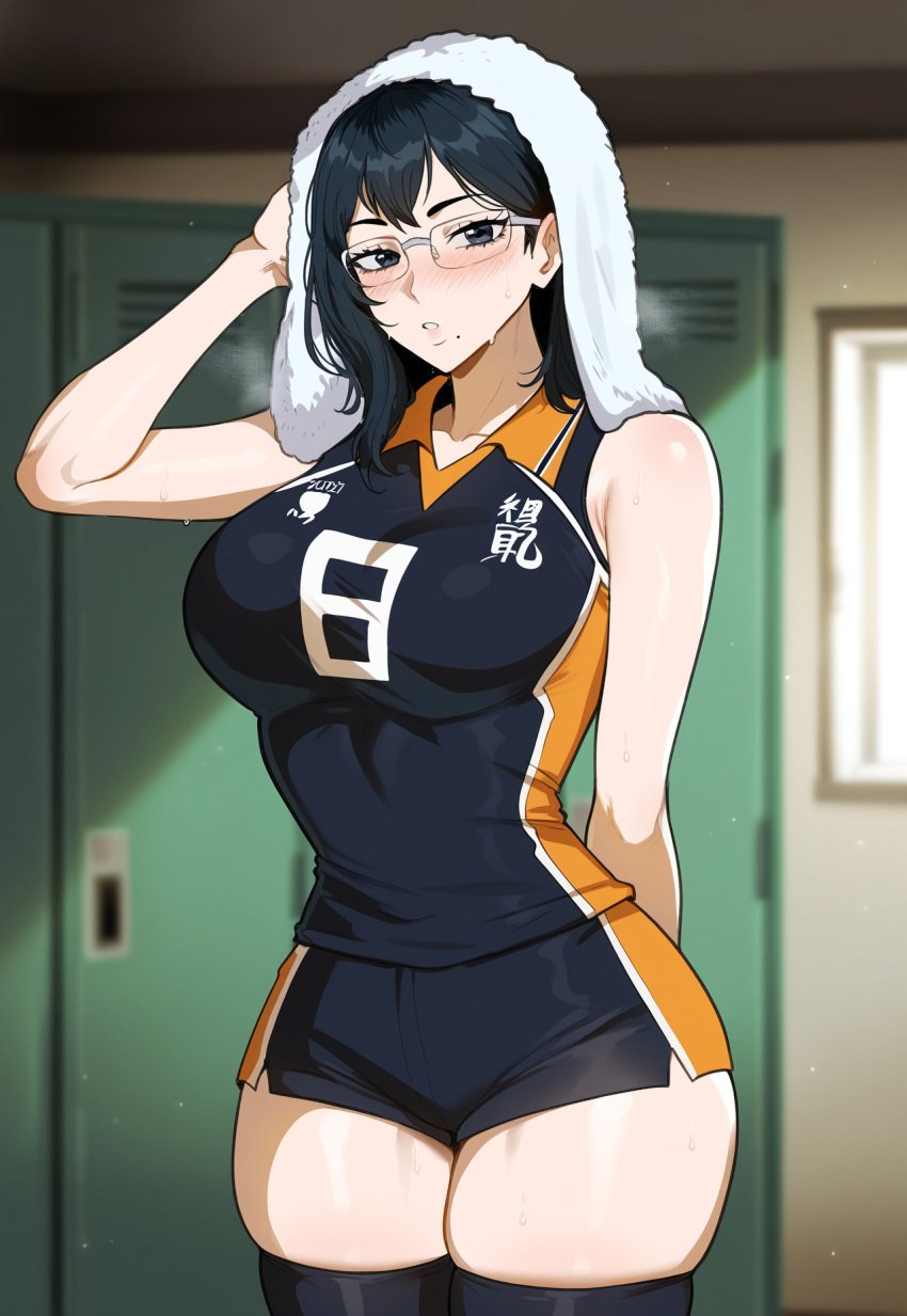 ai_generated blue_eyes blue_hair creamy_ai glasses haikyuu!! light-skinned_female light_skin shimizu_kiyoko short_hair steamy_breath sweat tagme teenage_girl teenager thiccwithaq_(ai_style) towel_on_head young younger_female