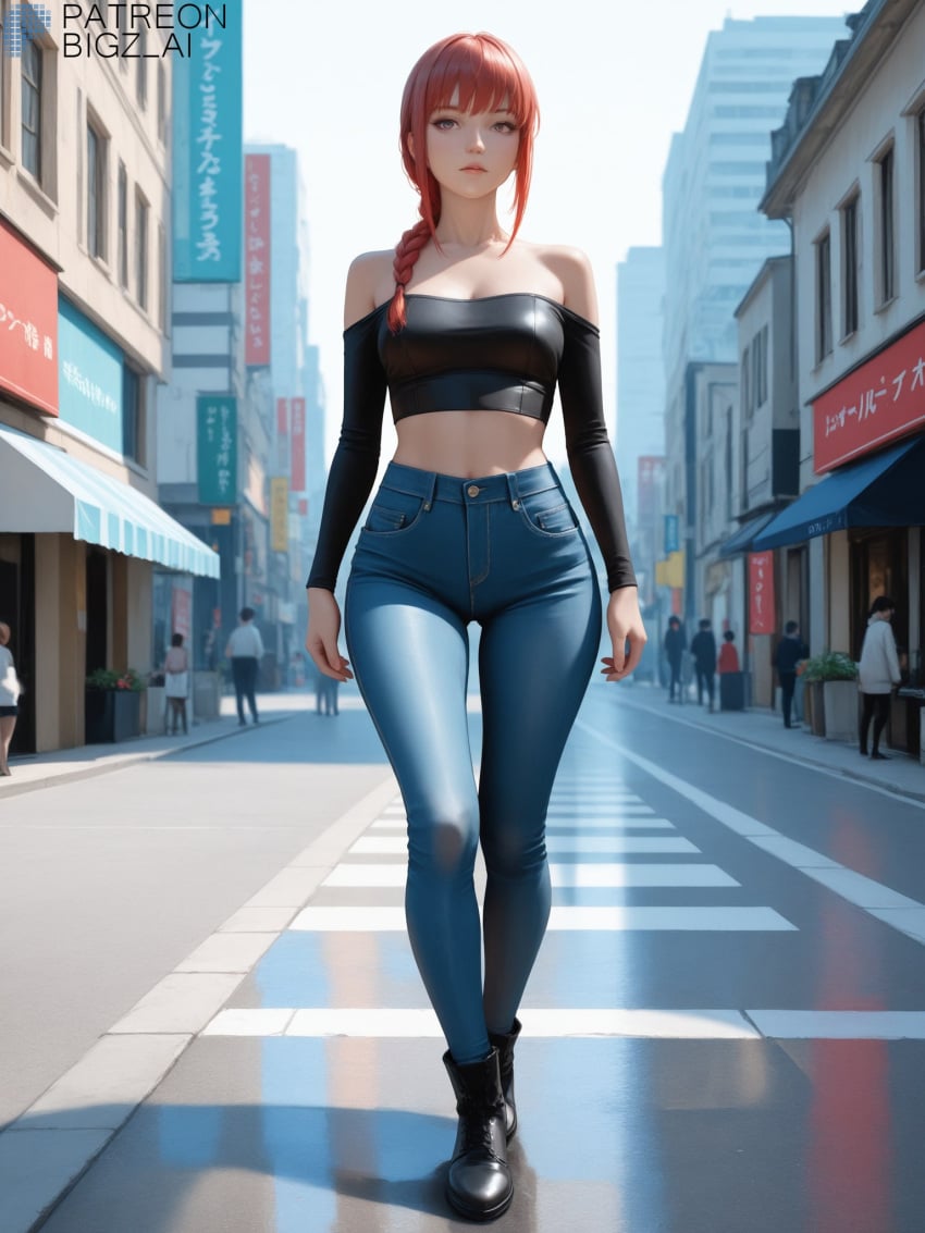 1girls ai_generated artist_name big_ass big_breasts big_butt bigz_ai braided_hair chainsaw_man cleavage eyes female female_focus golden_eyes hi_res highres jeans large_breasts light-skinned_female makima_(chainsaw_man) medium_breasts outdoors patreon_username red_hair smile solo solo_female strapless thighs topwear walking yellow_eyes